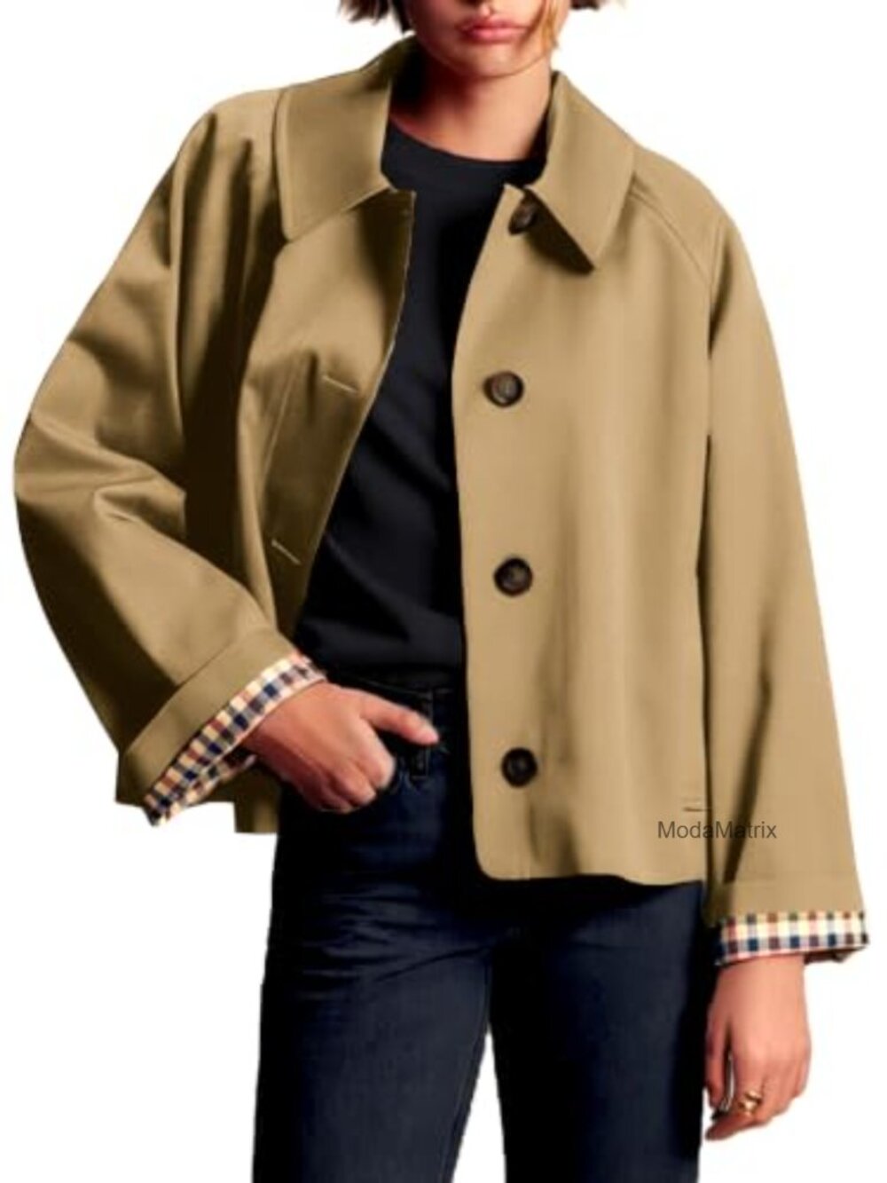Oversize Crop Trench Coat Plaid Lining Pockets Water Resistant